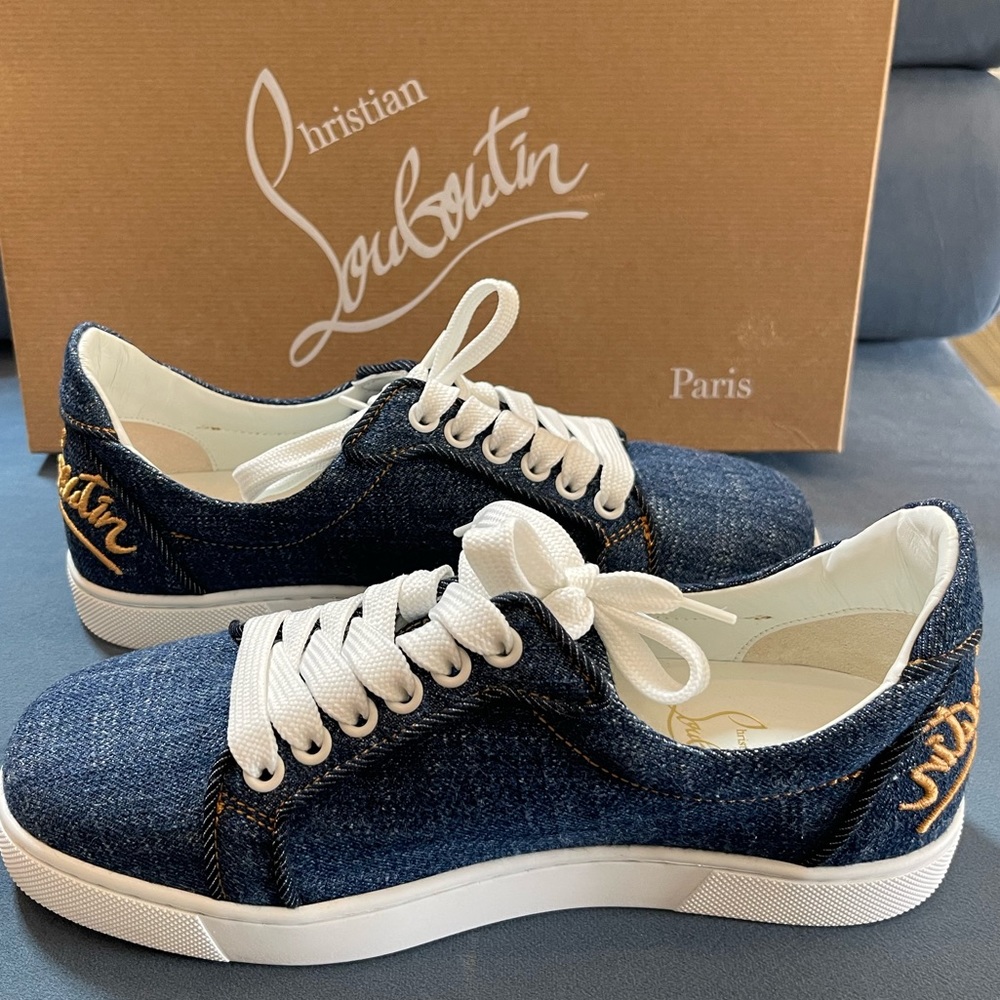 NWT Christian Louboutin Elo Loubi Orlando Flat Denim Logo Sneakers